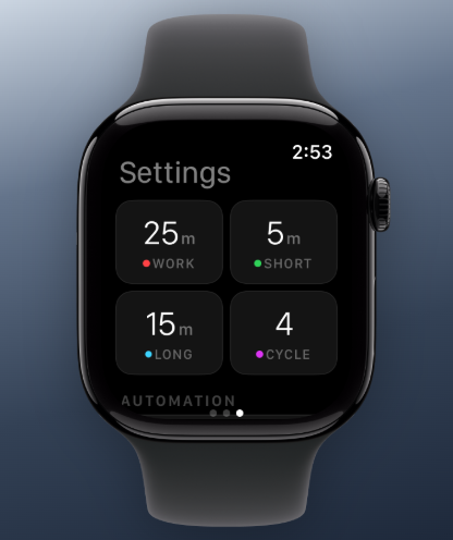PomoRing settings on Apple Watch
